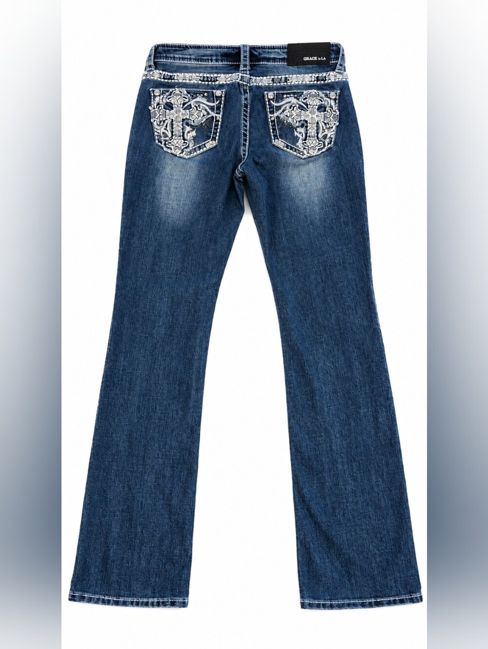 Grace in LA Size 27 Low Rise Bootcut Embellished Rhinestone Cross Jeans - Picture 4 of 6